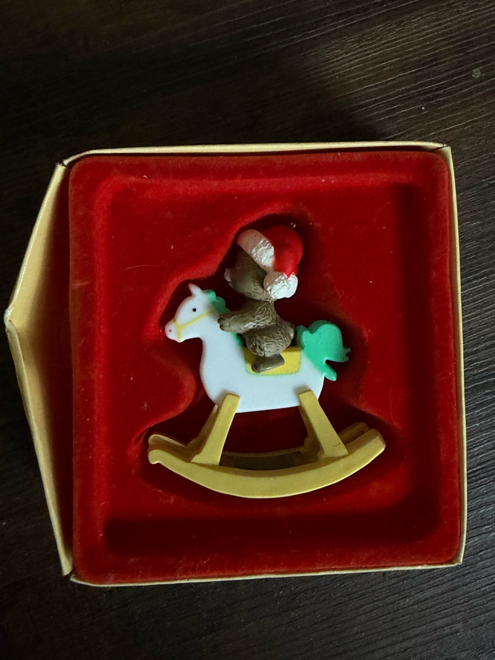 Vintage Christmas Bear Rocking horse Ornament - White, Red, Green